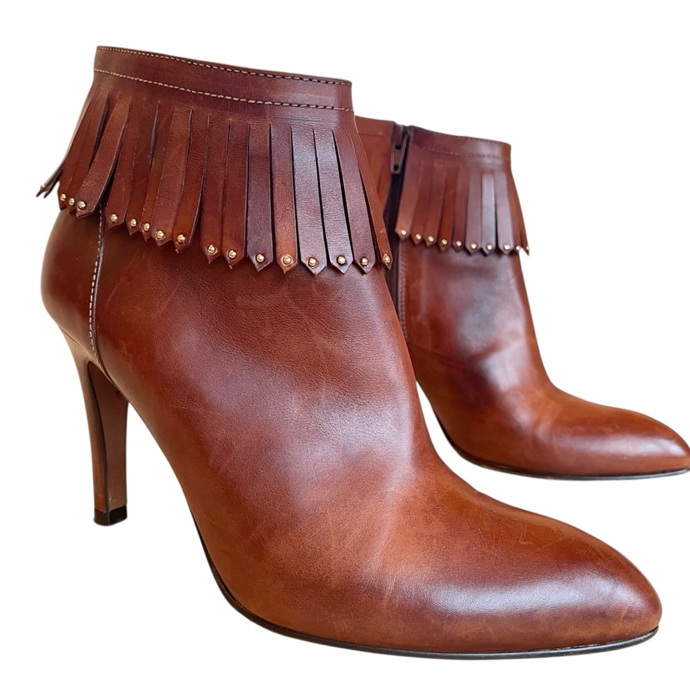 Lottusse Leather Ankle Boots Cognac Brown Fringe Studded Boho Chic Size 9